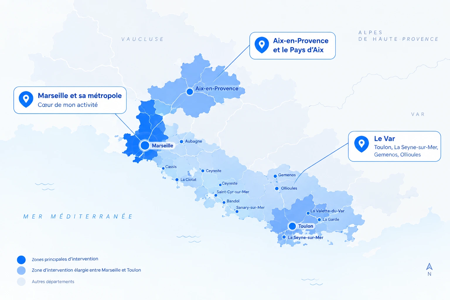 Carte des zones d'intervention de Nicolas Domont : Marseille, Aix-en-Provence et le Var